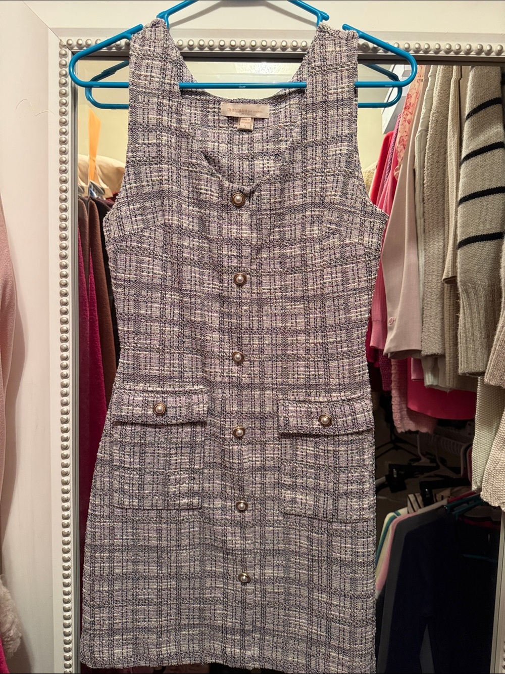 Sleeveless Tweed Shift Dress in Lavender-Gray